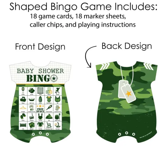 Big Dot of Happiness Camo Hero - Picture Bingo Cards and Markers - Army Military Camouflage Baby Shower Shaped Bingo Game - Set of 18 {4}