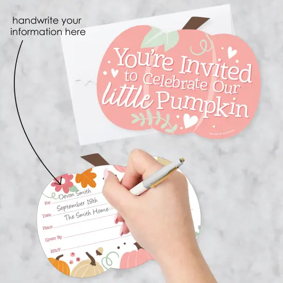 Big Dot of Happiness Girl Little Pumpkin - Shaped Fill-In Invitations - Fall Birthday Party or Baby Shower Invitation Cards with Envelopes - Set of 12 {3}