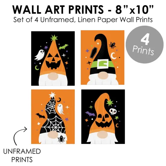 Big Dot of Happiness Halloween Gnomes - Unframed Spooky Fall Linen Paper Wall Art - Set of 4 - Artisms - 8 x 10 inches {6}