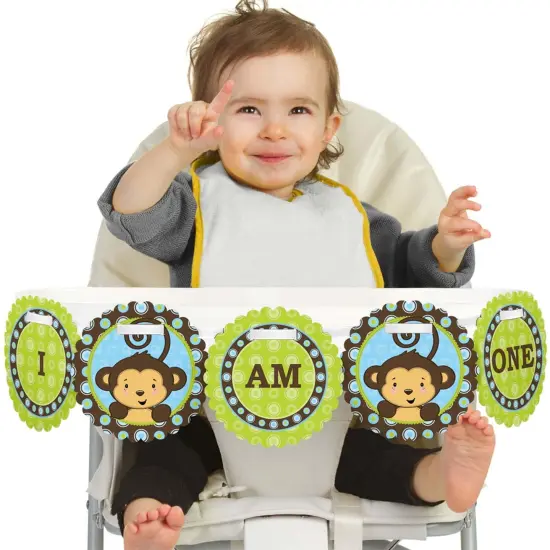 Big Dot of Happiness Blue Monkey Boy 1st Birthday Highchair Decor - I Am One - First Birthday High Chair Banner {1}