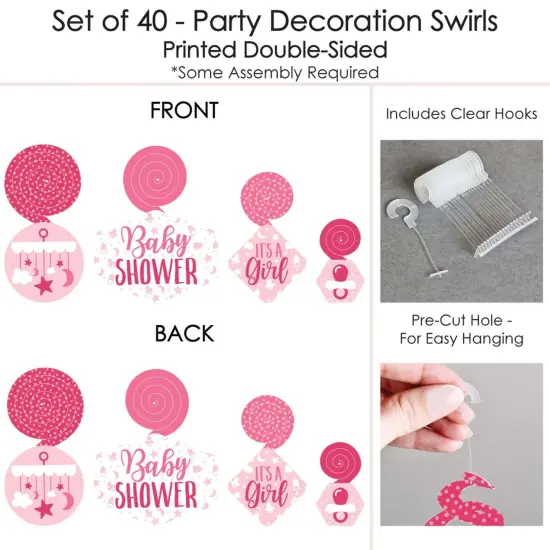 Big Dot of Happiness It's a Girl - Pink Baby Shower Hanging Decor - Party Decoration Swirls - Set of 40 {7}