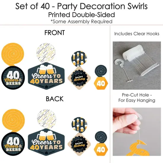 Big Dot of Happiness Cheers and Beers to 40 Years - 40th Birthday Party Hanging Decor - Party Decoration Swirls - Set of 40 {7}