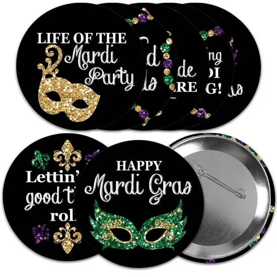 Big Dot of Happiness Mardi Gras - 3 inch Masquerade Party Badge - Pinback Buttons - Set of 8 {1}