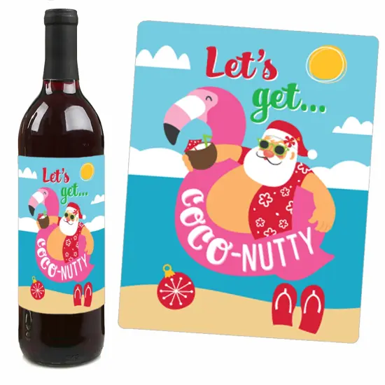 Big Dot of Happiness Tropical Christmas - Beach Santa Holiday Party Decorations for Women and Men - Wine Bottle Label Stickers - Set of 4 {4}