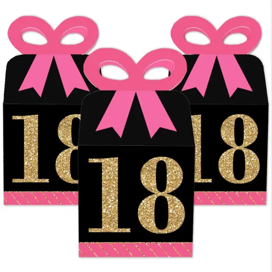 Big Dot of Happiness Chic 18th Birthday - Pink, Black and Gold - Square Favor Gift Boxes - Birthday Party Bow Boxes - Set of 12 {3}