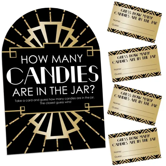Big Dot of Happiness Roaring 20&rsquo;s - How Many Candies 1920s Art Deco Jazz Party Game - 1 Stand and 40 Cards - Candy Guessing Game {1}