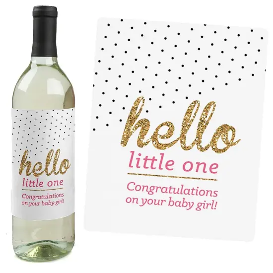 Big Dot of Happiness Hello Little One - Pink and Gold - Girl Baby Shower Gift for Women and Men - Wine Bottle Label Stickers - Set of 4 {3}