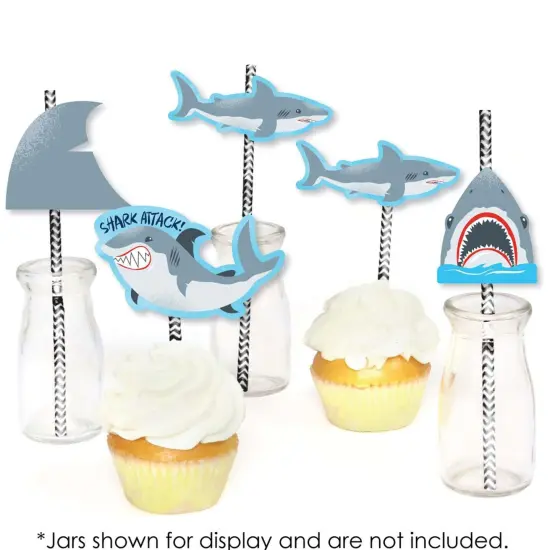 Big Dot of Happiness Shark Zone - Paper Straw Decor - Jawsome Party or Birthday Party Striped Decorative Straws - Set of 24 {6}