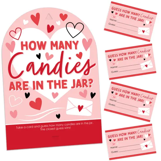 Big Dot of Happiness Happy Valentine&rsquo;s Day - How Many Candies Valentine Hearts Party Game - 1 Stand and 40 Cards - Candy Guessing Game {1}