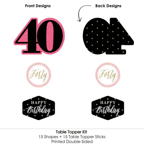 Big Dot of Happiness Chic 40th Birthday - Pink, Black and Gold - Birthday Party Centerpiece Sticks - Table Toppers - Set of 15 {6}