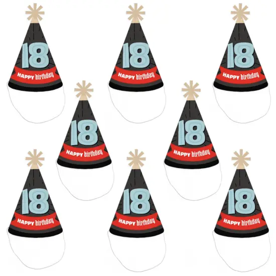 Big Dot of Happiness Boy 18th Birthday - Cone Happy Birthday Party Hats for Adults - Set of 8 (Standard Size) {7}
