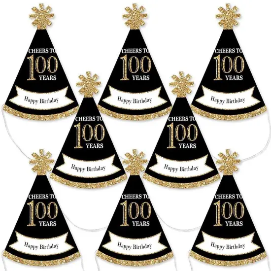 Big Dot of Happiness Adult 100th Birthday - Gold - Mini Cone Birthday Party Hats - Small Little Party Hats - Set of 8 {1}
