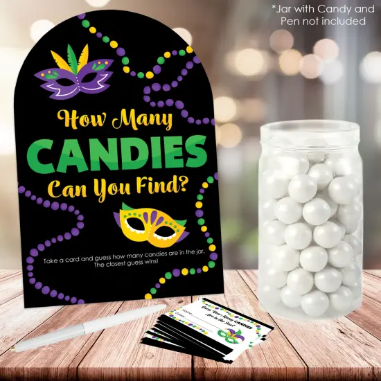 Big Dot of Happiness Colorful Mardi Gras Mask - How Many Candies Masquerade Party Game - 1 Stand and 40 Cards - Candy Guessing Game {3}