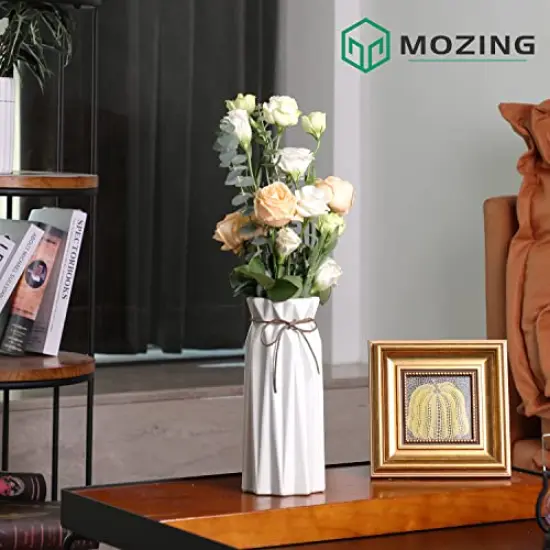 Mozing Ceramic Flower Vase for Home Decor - Modern 9.8 inch Tall Decorative Vases for Flowers - Shelf, Table Centerpieces, Kitchen Unique Decor for Rustic Farmhouse Living Room, Gift (White) {4}