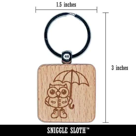 Owl with Umbrella Ready for the Rain Engraved Wood Square Keychain Tag Charm {2}