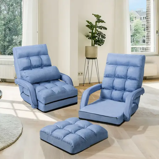 Multi-Position Adjustable Floor Armchair with Lumbar Pillow and Removable Cushion Blue {2}