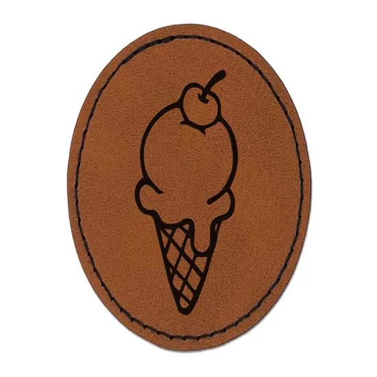 Hand Drawn Cute Ice Cream Cone Doodle Round Iron-On Engraved Faux Leather Patch Applique - 2.5" Brown {1}