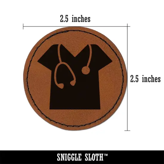 Medical Scrubs and Stethoscope Hospital Doctor Nurse Round Iron-On Engraved Faux Leather Patch Applique - 2.5" Brown {3}