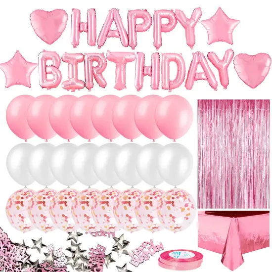 Pink Birthday Party Decoration, Happy Birthday Banner, Rose Gold Fringe Curtain, Foil Tablecloth, Heart Star Foil Confetti Balloons, 10g Table Confetti for Women Girl Birthday Party {2}