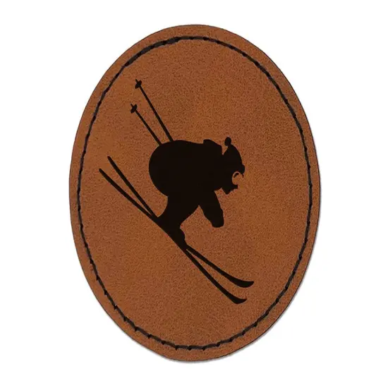 Skiing Ski Tuck Bully Bullet Stance Downhill Round Iron-On Engraved Faux Leather Patch Applique - 2.5" Brown {1}