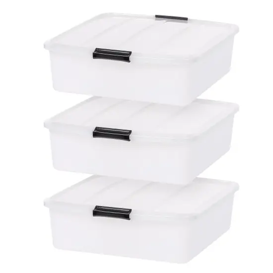 IRIS USA 33 Qt Plastic Under Bed Storage Organizer Bin Container with Secure Lids and Durable Black Buckles, Multi-Purpose for Clothes, Shoes, Clothing, and Bedding, Short, Clear, 3 Pack {1}
