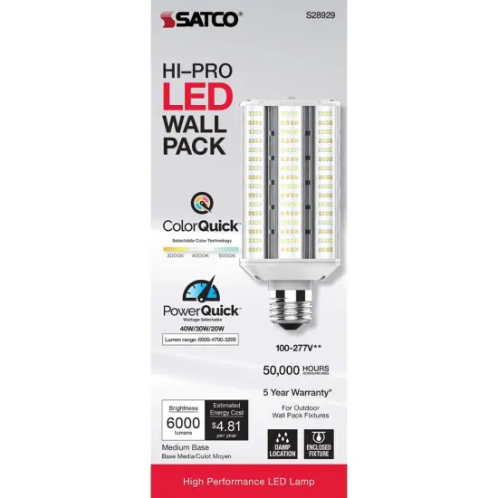 Satco LED Hi-Pro Wall Pack 20/30/40w CCT Selectable Medium Base 100-277V {2}