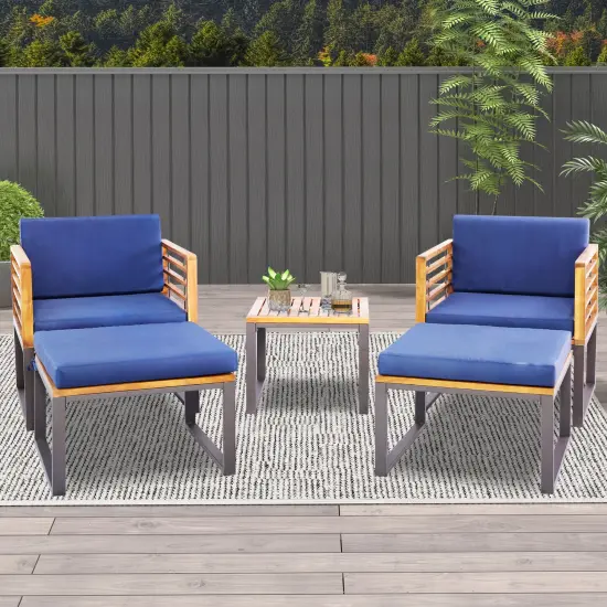 5 Piece Patio Acacia Wood Chair Set with Ottomans and Coffee Table-Navy {2}