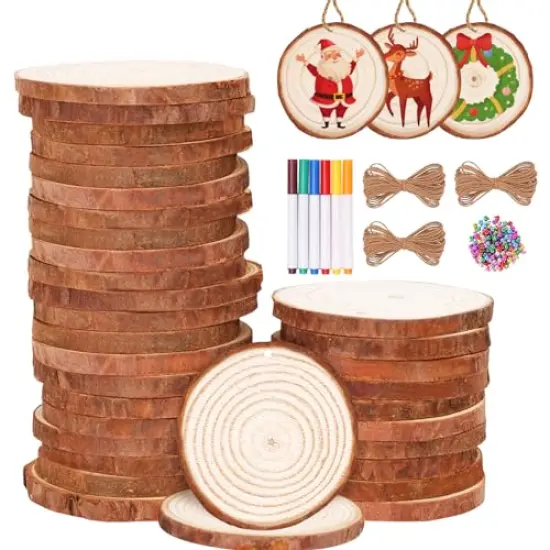 Max Fun Natural Wood Slices 30Pcs 2.4-2.8'' Craft Wood Kit Christmas Ornaments Unfinished Predrilled with Hole Wooden Circles for Arts and Crafts Christmas Holiday Ornaments DIY Crafts {1}