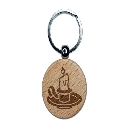 Candle on a Holder Engraved Wood Round Keychain Tag Charm {1}