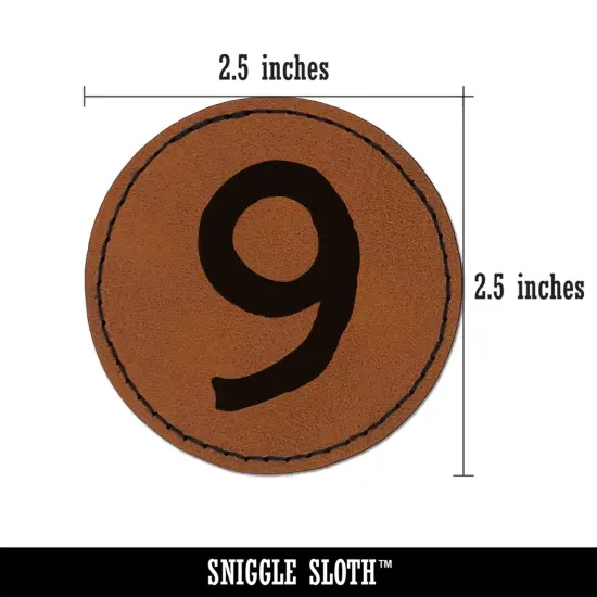 Number 9 Nine Cute Typewriter Font Round Iron-On Engraved Faux Leather Patch Applique - 2.5" Brown {3}