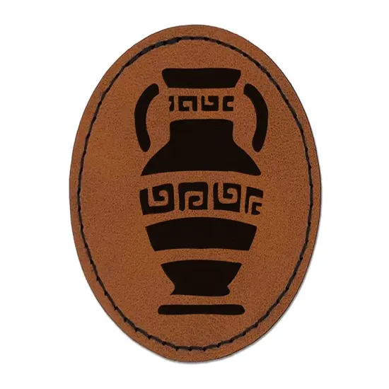 Ancient Greek Pottery Vase Round Iron-On Engraved Faux Leather Patch Applique - 2.5" Brown {1}