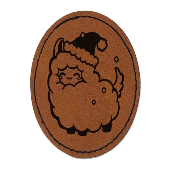 Christmas Llama Round Iron-On Engraved Faux Leather Patch Applique - 2.5" Brown {1}