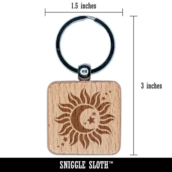 Celestial Sun Moon and Stars Engraved Wood Square Keychain Tag Charm {2}