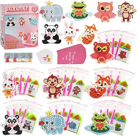 28 Pieces Valentines Day Cards for Kids - Diamond Painting Kits+ 28pcs Valentines Cards, Kids Valentines Day Cards with 7 Different Gem Stickers for School Classroom Valentine's Gifts Exchange Decorations {1}