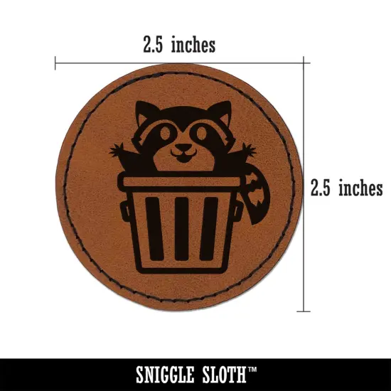 Lively Raccoon in Trash Can Round Iron-On Engraved Faux Leather Patch Applique - 2.5" Brown {3}
