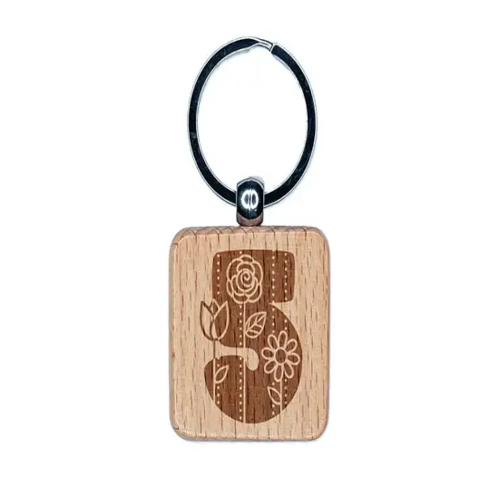 Sweet and Cute Flowers Rounded Block Number 5 Five Engraved Wood Square Keychain Tag Charm {1}