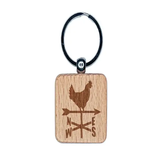Rooster Weathervane North South West East Engraved Wood Square Keychain Tag Charm {1}
