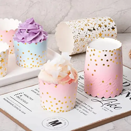 25 Pieces Party Hippo Cupcake Cups, 4.5 Oz Disposable Foil Muffin Liners, Gold Cupcake Baking Cups, Baking Cups (Gold Dots Pink) {5}
