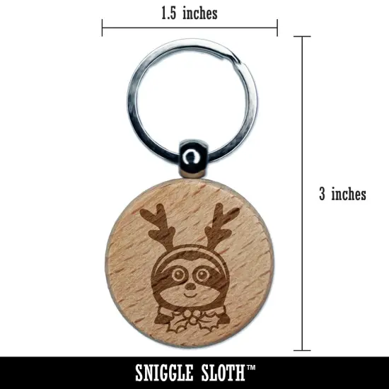Sloth Reindeer Christmas Engraved Wood Round Keychain Tag Charm {2}
