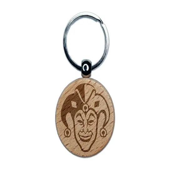 Court Jester Joker Harlequin Engraved Wood Round Keychain Tag Charm {1}