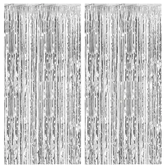 2 Pack Foil Curtain Backdrop Silver Metallic Tinsel Foil Fringe Curtains Photo Booth Props for Birthday Wedding Engagement Baby Shower Bachelorette Christmas Holiday Celebration Party Decorations {2}