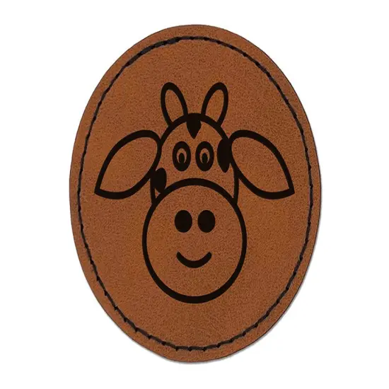 Cheerful Cow Face Doodle Round Iron-On Engraved Faux Leather Patch Applique - 2.5" Brown {1}