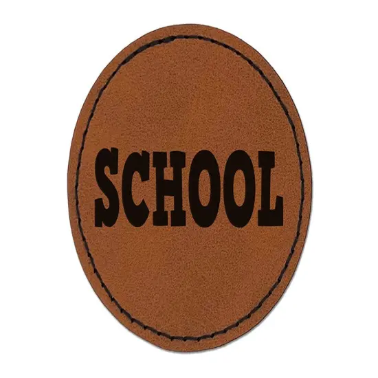 School Fun Text Round Iron-On Engraved Faux Leather Patch Applique - 2.5" Brown {1}