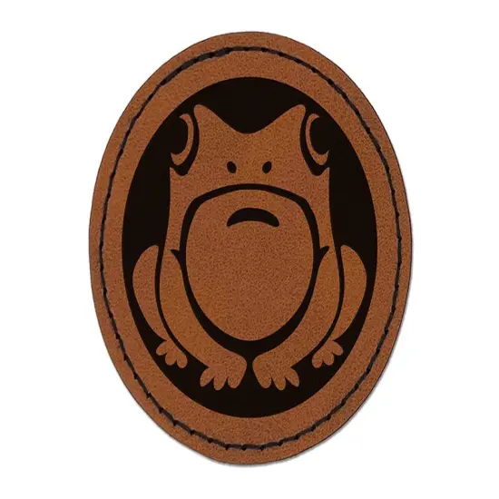 Cute Frog Sitting Round Iron-On Engraved Faux Leather Patch Applique - 2.5" Brown {1}