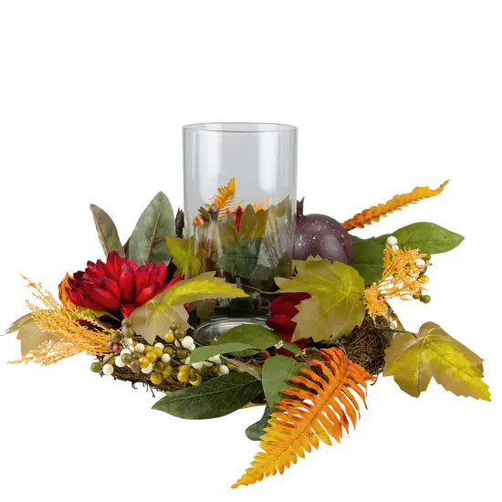Northlight Mums with Pomegranate Fall Harvest Pillar Candle Holder Centerpiece - 22" Red {5}
