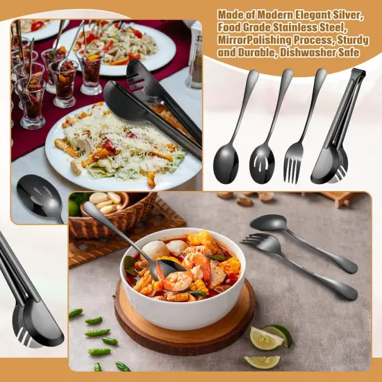 15 Pieces Stainless Steel Serving Utensils Large Serving Spoon Set 9.45 Inch Metal Tongs 9 Inch Serving Forks 8.7 Inch Slotted Spoons and Serving Spoon Kitchen Wedding Party (Black) {4}