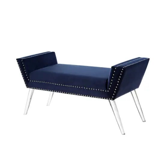 Lexi Velvet Nailhead Trim Acrylic Leg Ottoman Bench Navy {4}