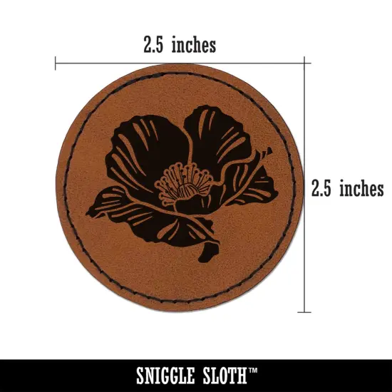 Pretty Poppy Flower Round Iron-On Engraved Faux Leather Patch Applique - 2.5" Brown {3}