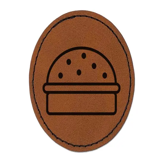Hamburger Outline Fast Food Round Iron-On Engraved Faux Leather Patch Applique - 2.5" Brown {1}