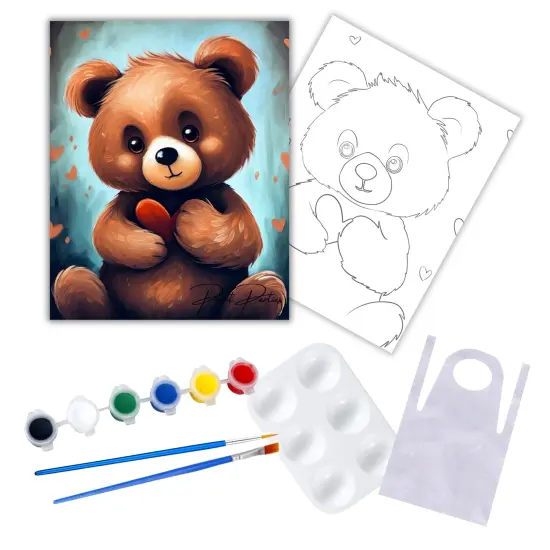 "Heart Teddy" DIY Canvas Art Kit, Adult Beginner, Acrylic Paint Size 11x14 inch {1}